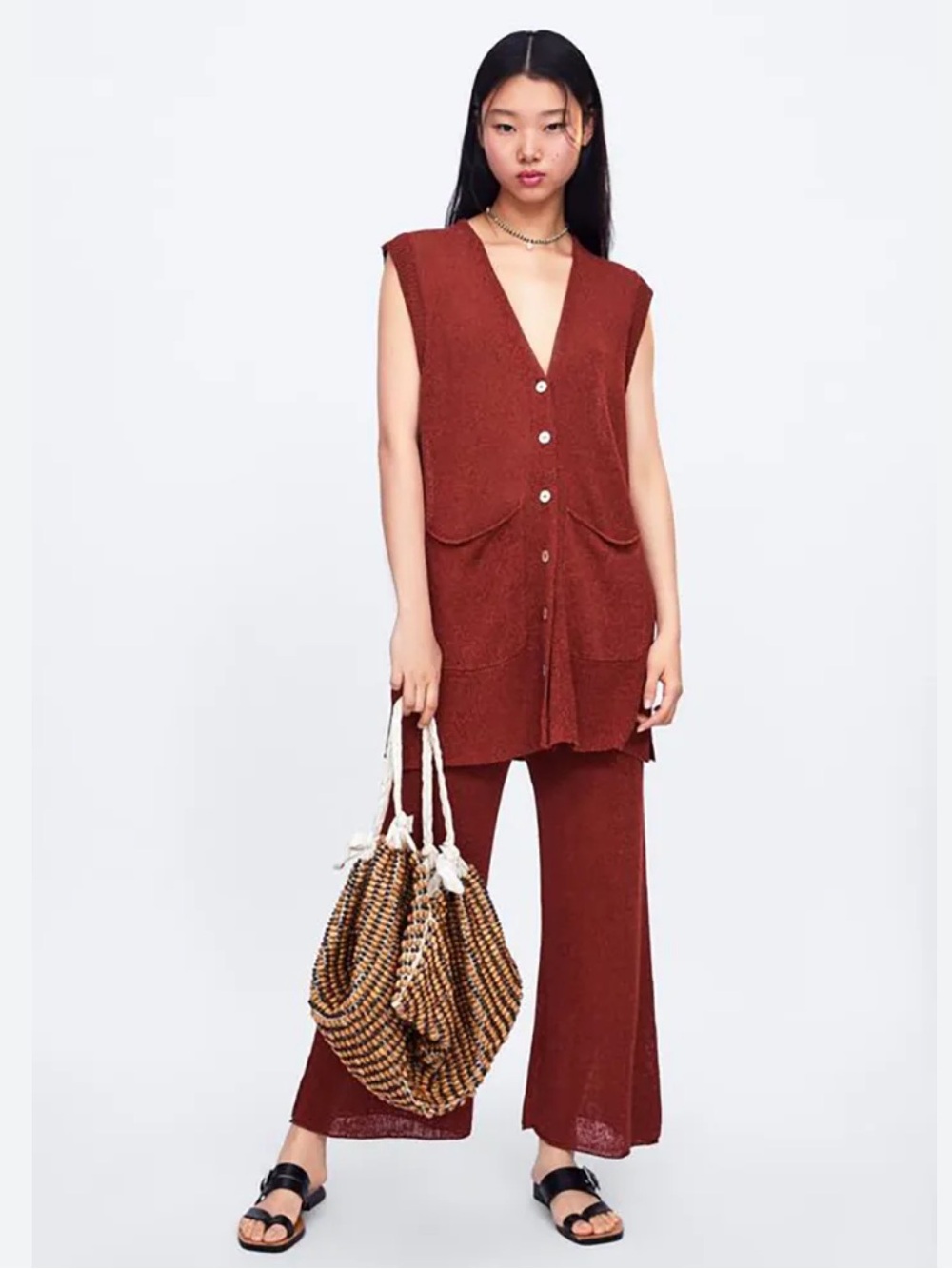 Zara Size S Burnt Orange Linen Blend Sleeveless Draping Cardigan